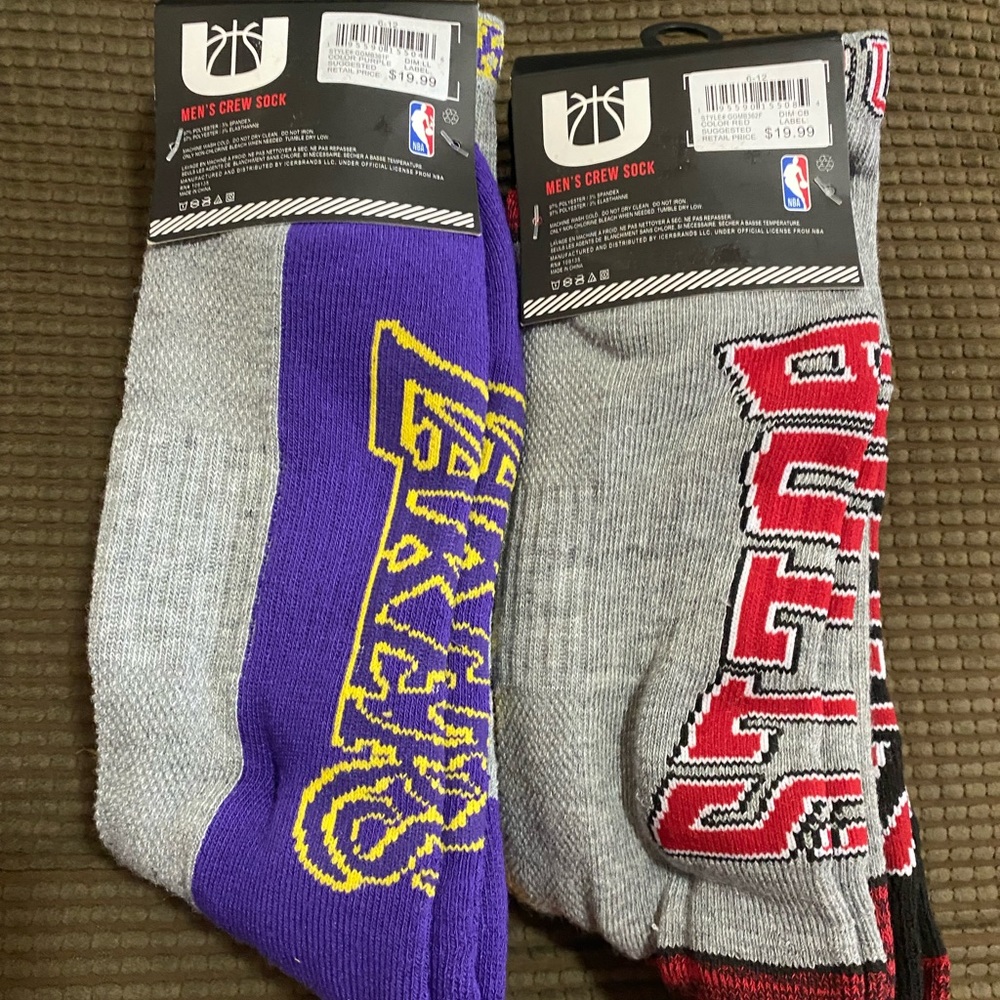 NBA Chicago Bulls or LA Lakers crew socks. NWT Bundle of 3. Shoe Sz. 6-12